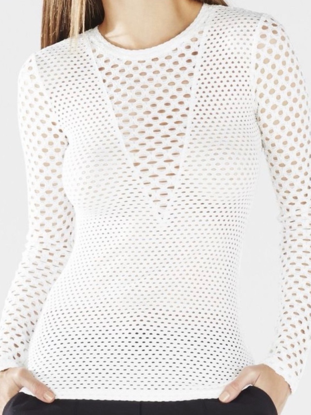 BCBG MaxAzria Top Size XXS White Elain Long Sleeve Mesh Fishnet Sheer Stretch